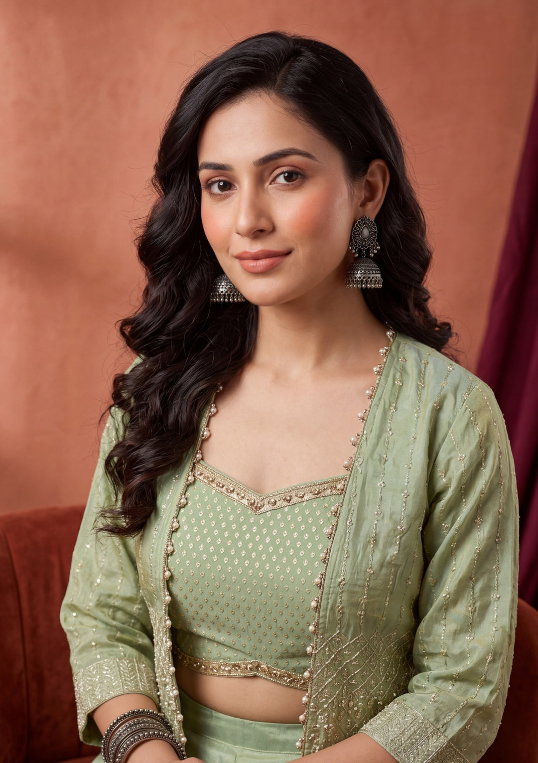 Pista Green Tissue Gold Zariwork Jacket Kurta With Palazzo And Dupatta