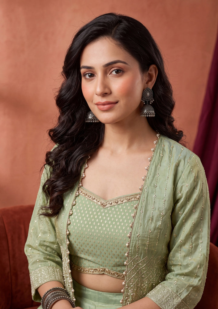 Pista Green Tissue Gold Zariwork Jacket Kurta With Palazzo And Dupatta