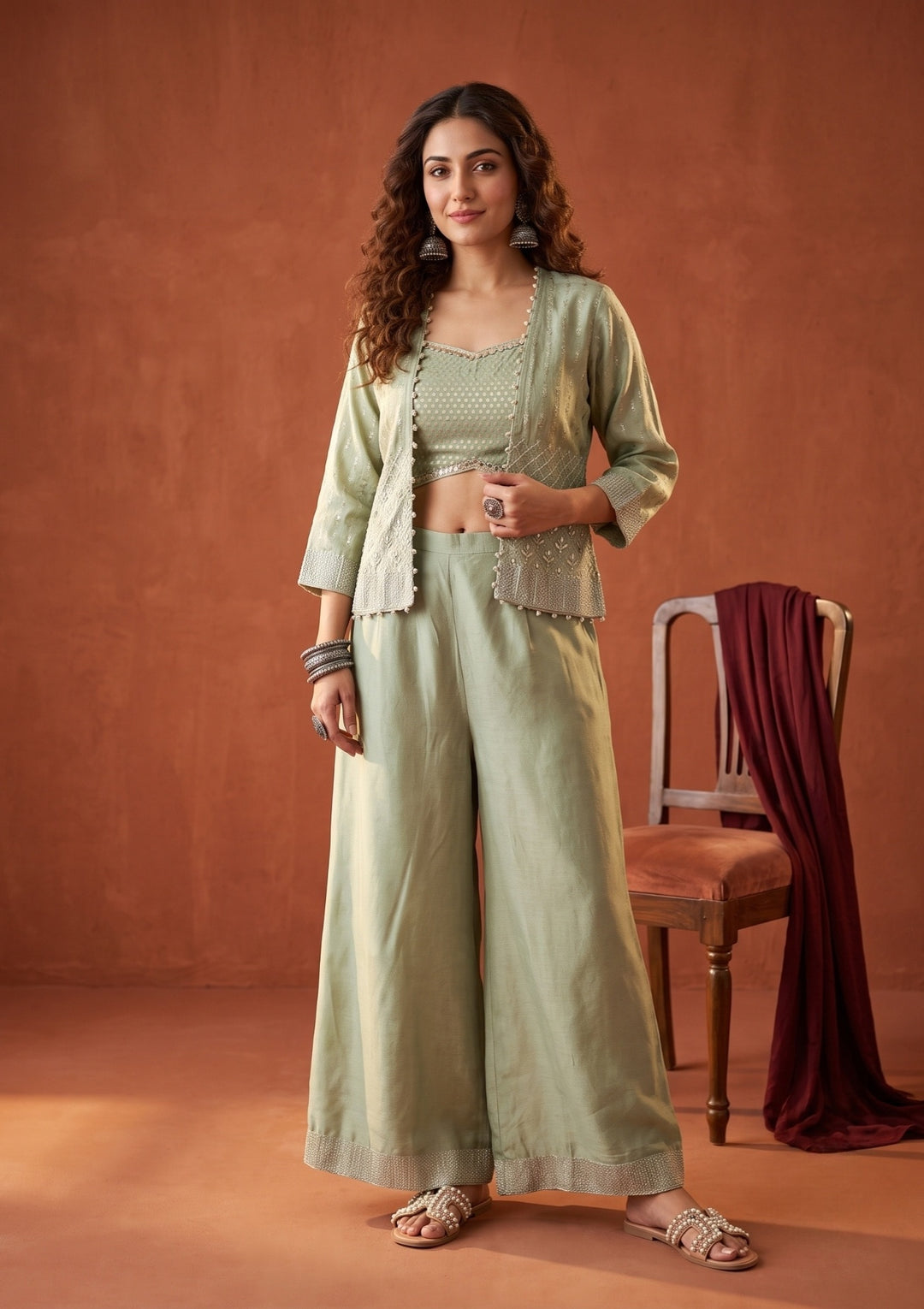 Pista Green Tissue Gold Zariwork Jacket Kurta With Palazzo And Dupatta