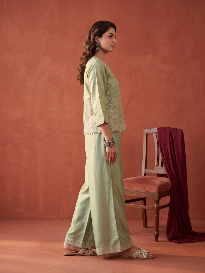 Pista Green Tissue Gold Zariwork Jacket Kurta With Palazzo And Dupatta