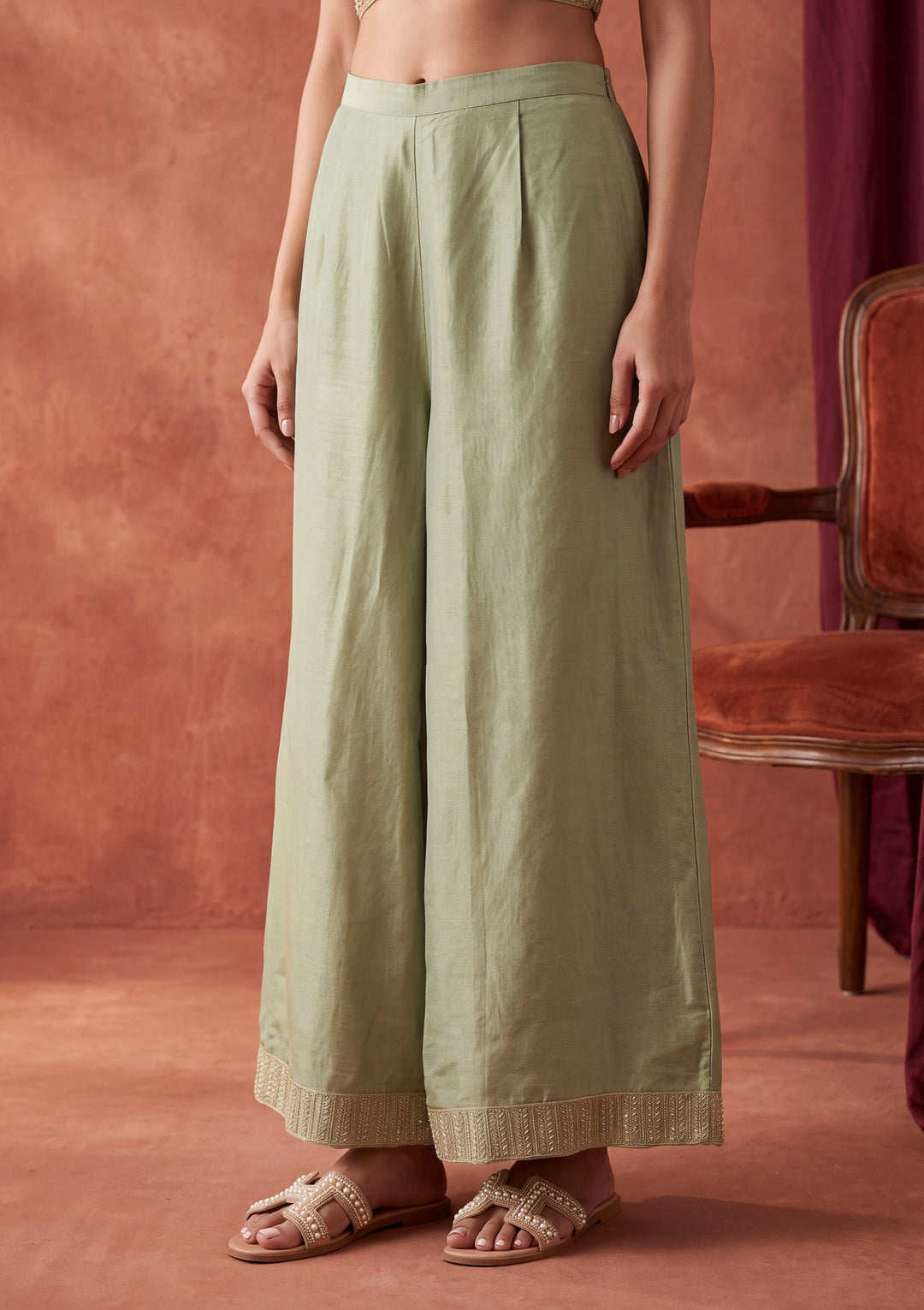 Pista Green Tissue Gold Zariwork Jacket Kurta With Palazzo And Dupatta