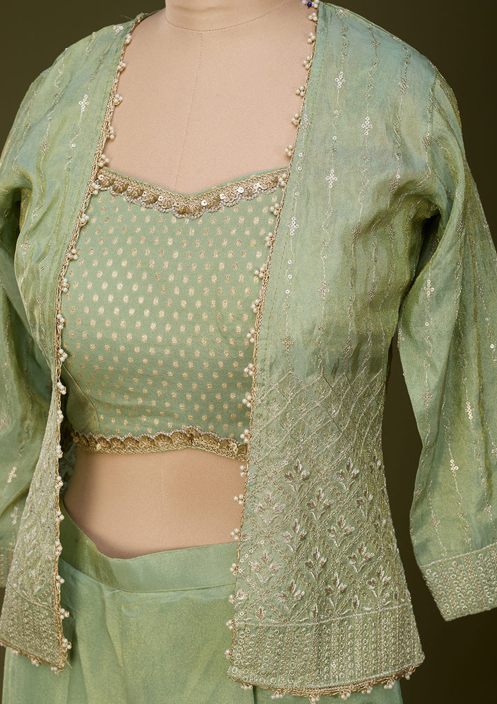 Pista Green Tissue Gold Zariwork Jacket Kurta With Palazzo And Dupatta