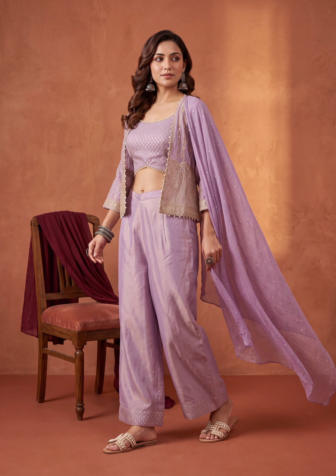 Light Lavender Tissue Gold Zariwork Crop Top Kurta With Palazzo And Dupatta