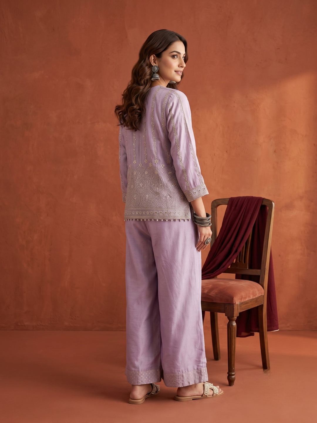 Light Lavender Tissue Gold Zariwork Crop Top Kurta With Palazzo And Dupatta
