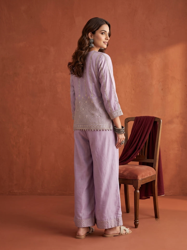 Light Lavender Tissue Gold Zariwork Crop Top Kurta With Palazzo And Dupatta