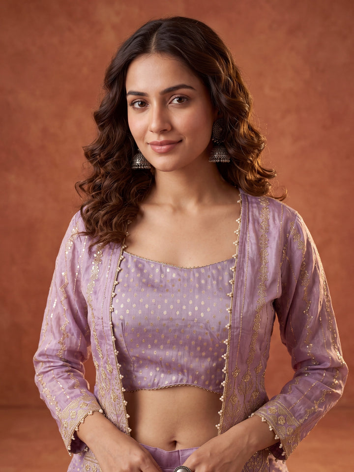 Light Lavender Tissue Gold Zariwork Crop Top Kurta With Palazzo And Dupatta
