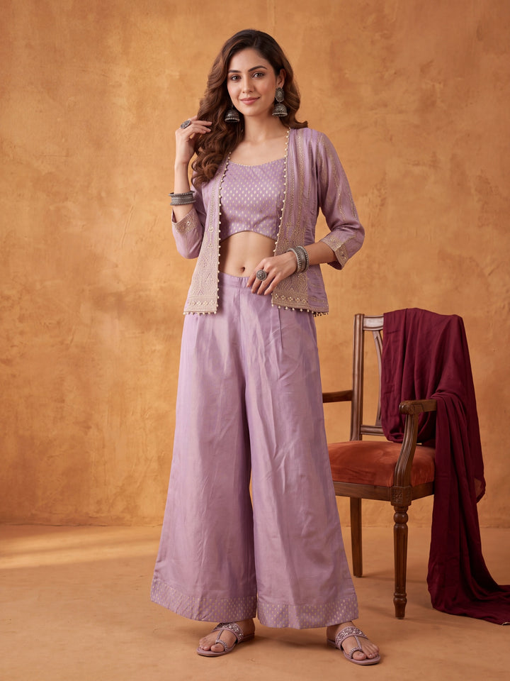 Light Lavender Tissue Gold Zariwork Crop Top Kurta With Palazzo And Dupatta