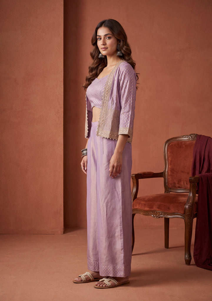 Light Lavender Tissue Gold Zariwork Crop Top Kurta With Palazzo And Dupatta