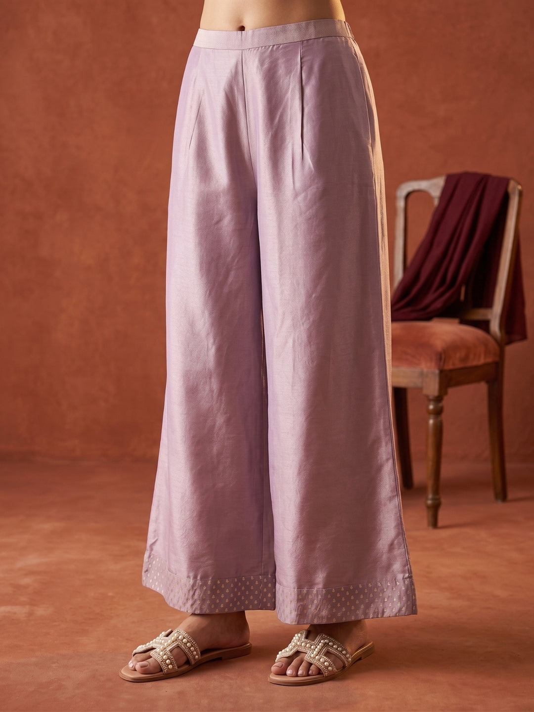 Light Lavender Tissue Gold Zariwork Crop Top Kurta With Palazzo And Dupatta
