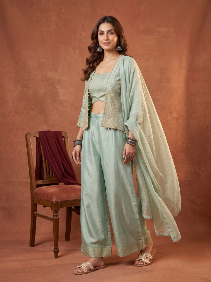 Sea Green Tissue Gold Zariwork Crop Top Kurta With Palazzo And Dupatta
