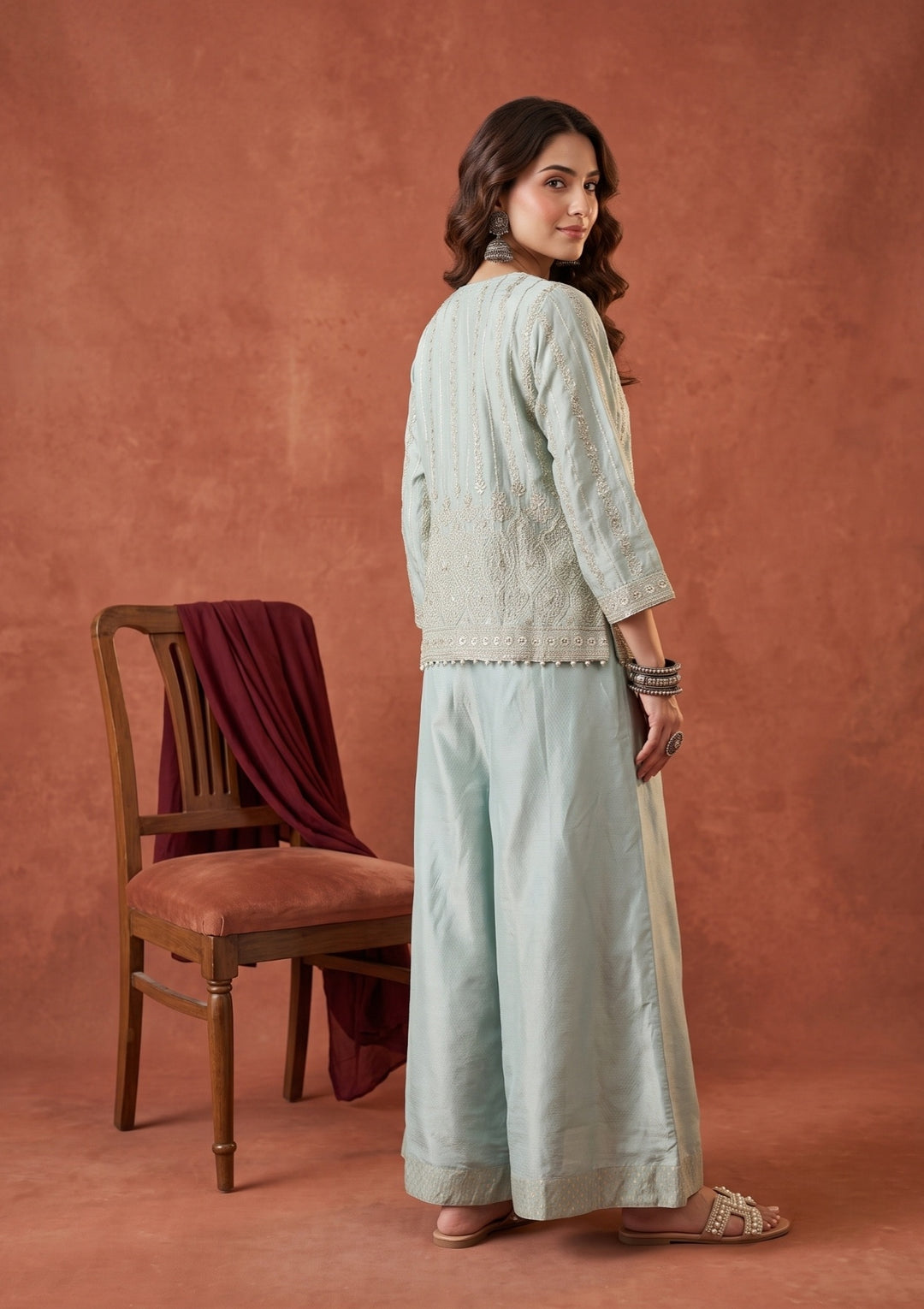 Sea Green Tissue Gold Zariwork Crop Top Kurta With Palazzo And Dupatta