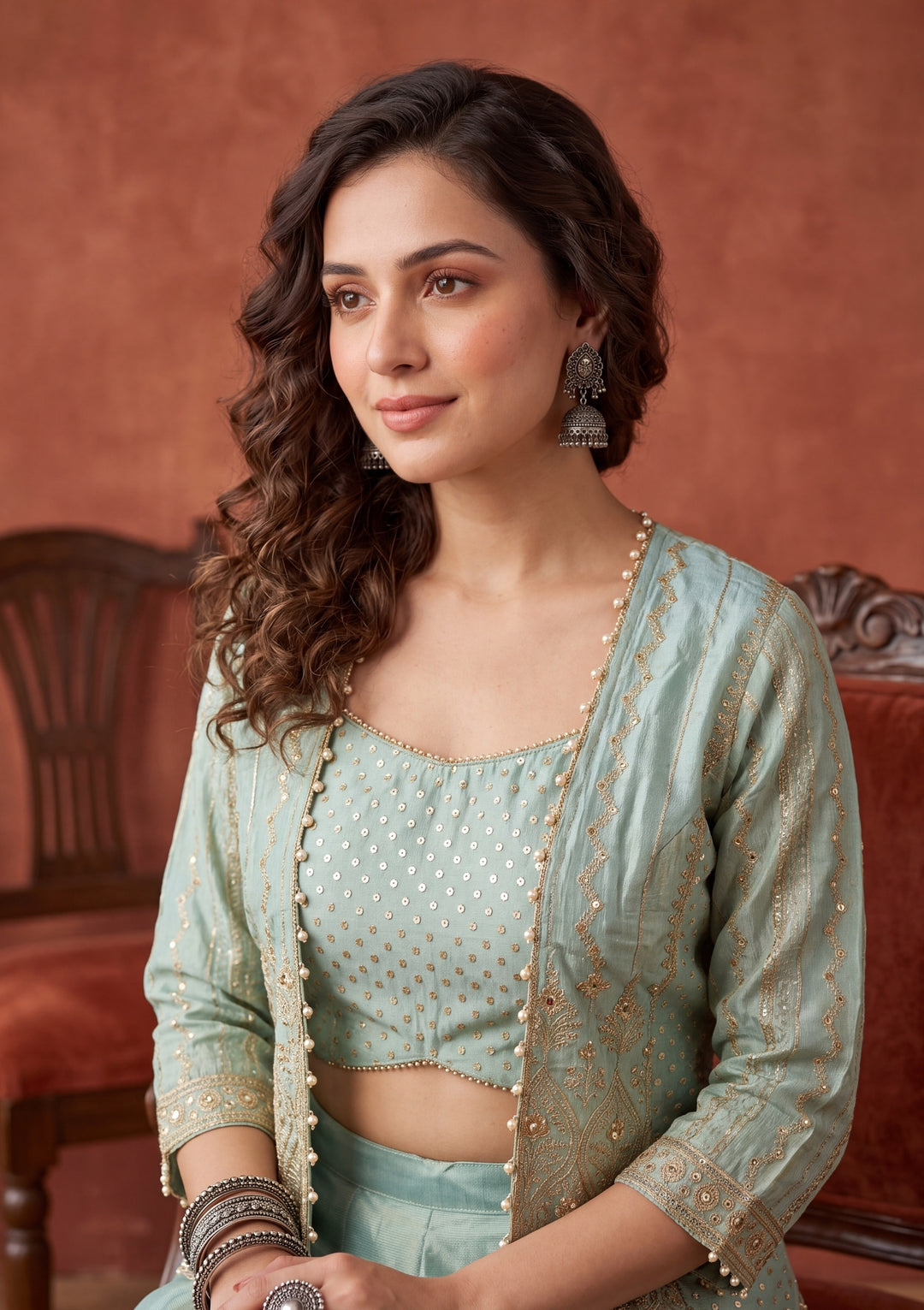 Sea Green Tissue Gold Zariwork Crop Top Kurta With Palazzo And Dupatta