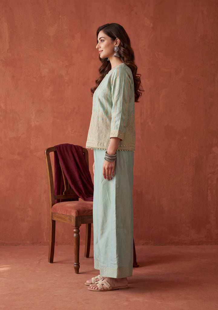 Sea Green Tissue Gold Zariwork Crop Top Kurta With Palazzo And Dupatta