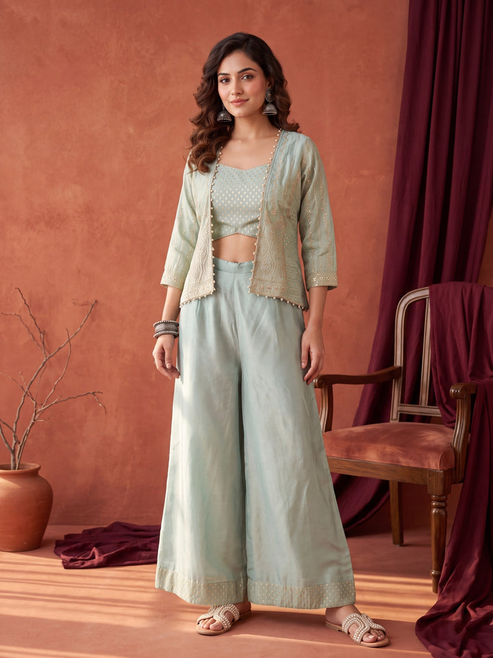 Sea Green Tissue Gold Zariwork Crop Top Kurta With Palazzo And Dupatta