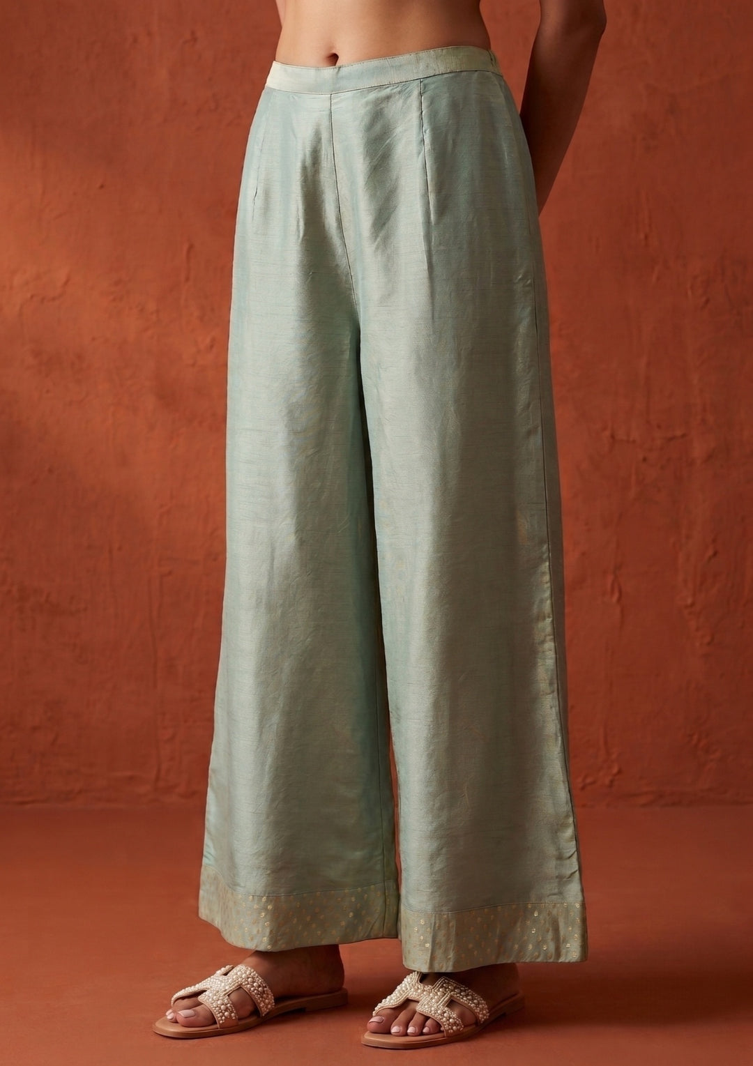 Sea Green Tissue Gold Zariwork Crop Top Kurta With Palazzo And Dupatta