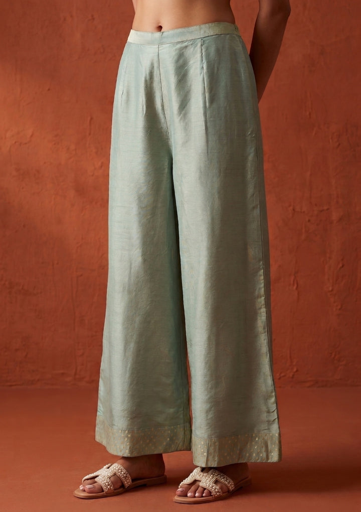 Sea Green Tissue Gold Zariwork Crop Top Kurta With Palazzo And Dupatta