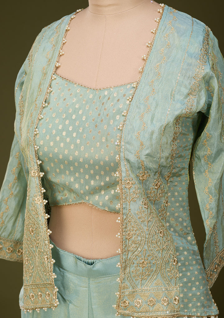 Sea Green Tissue Gold Zariwork Crop Top Kurta With Palazzo And Dupatta