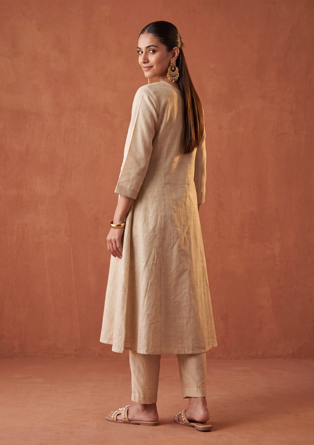 Beige Threadwork Cotton Readymade Salwar Suit