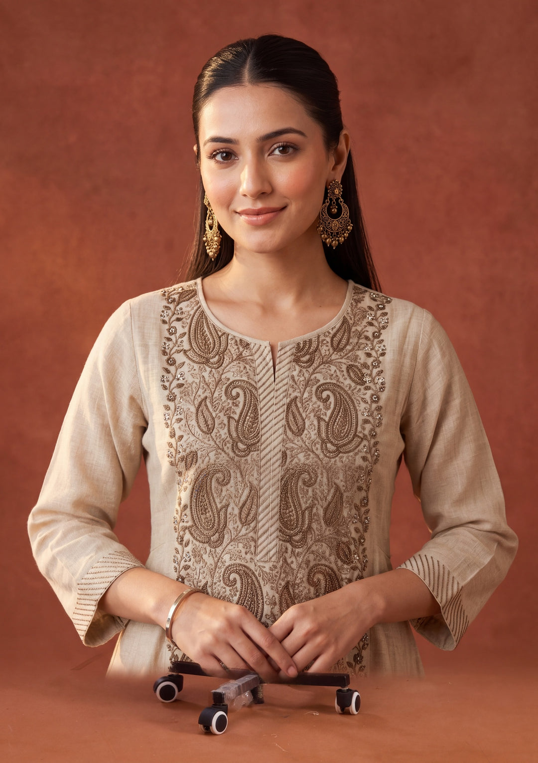 Beige Threadwork Cotton Readymade Salwar Suit