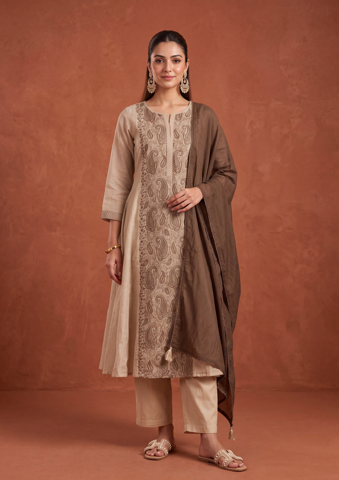 Beige Threadwork Cotton Readymade Salwar Suit