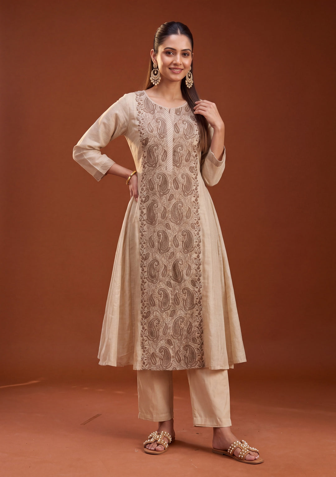 Beige Threadwork Cotton Readymade Salwar Suit
