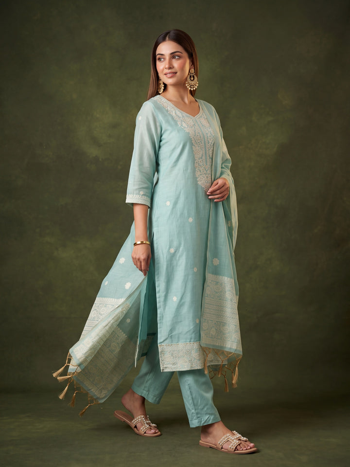 Sea Green Chanderi Threadwork Straight Kurta With Pant Regular And Dupatta