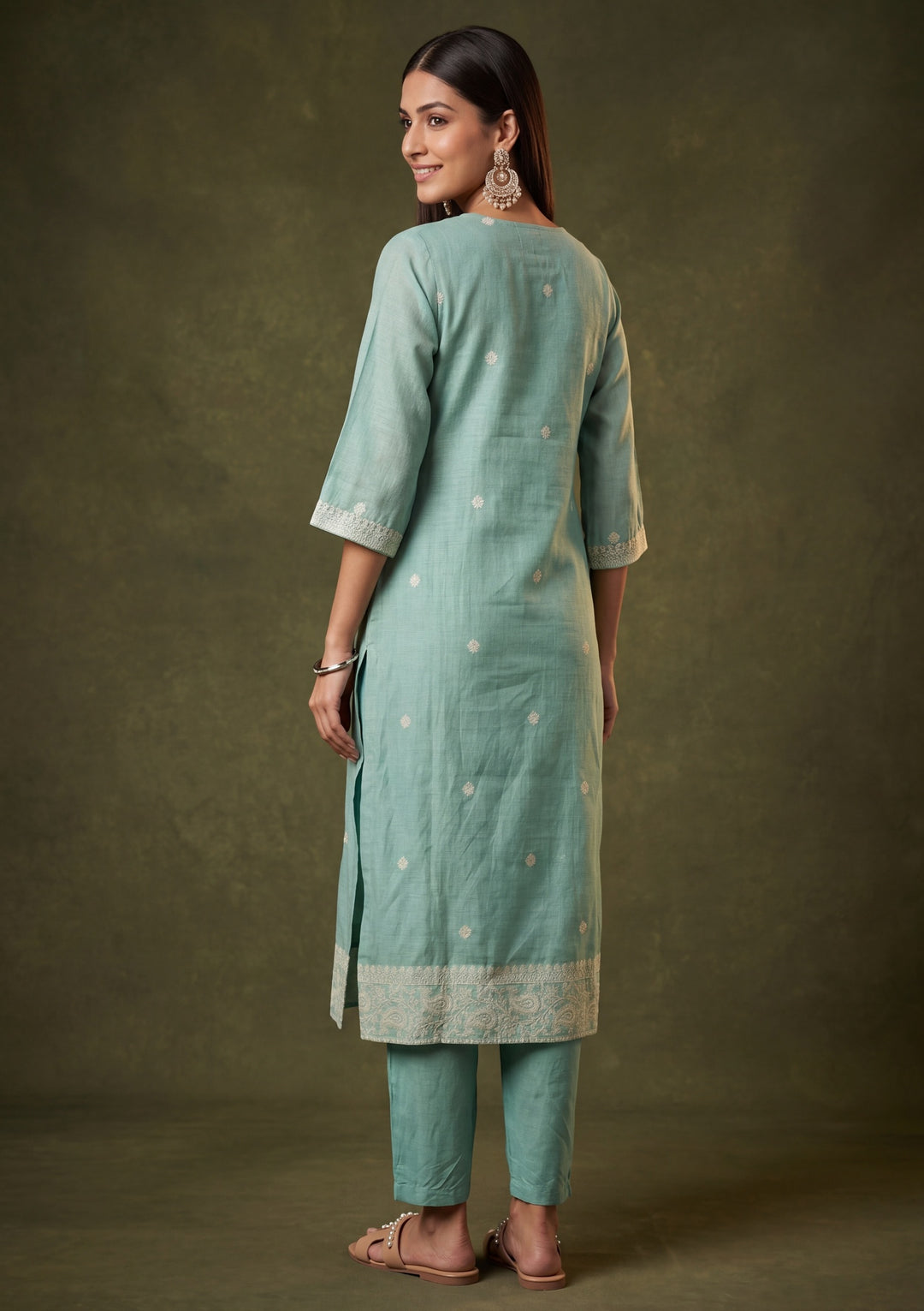 Sea Green Chanderi Threadwork Straight Kurta With Pant Regular And Dupatta