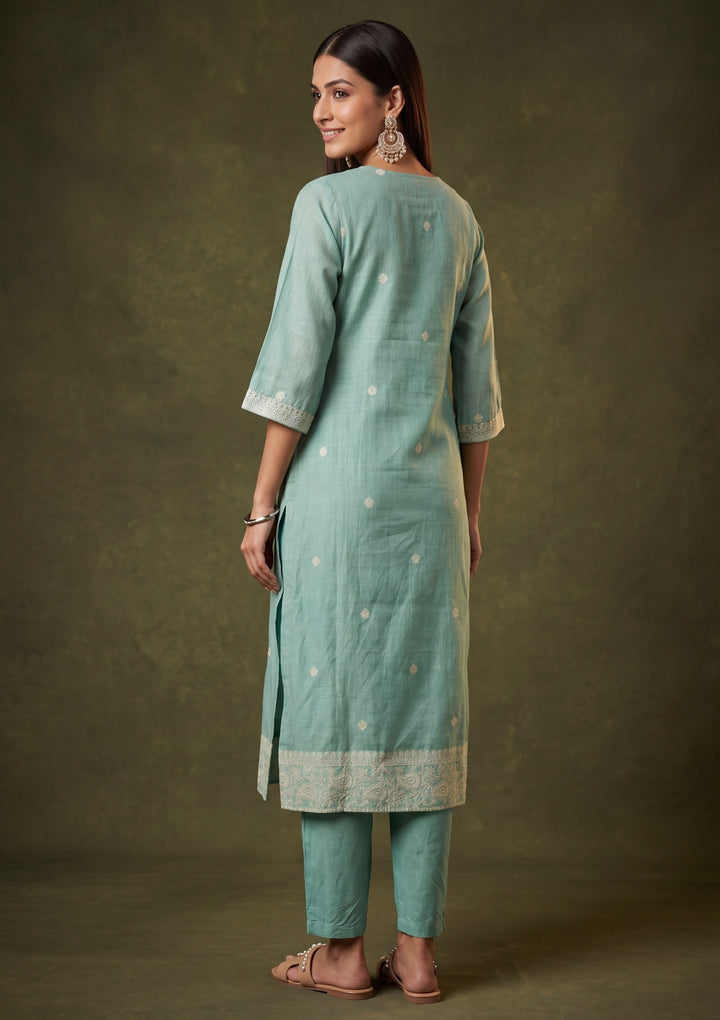 Sea Green Chanderi Threadwork Straight Kurta With Pant Regular And Dupatta