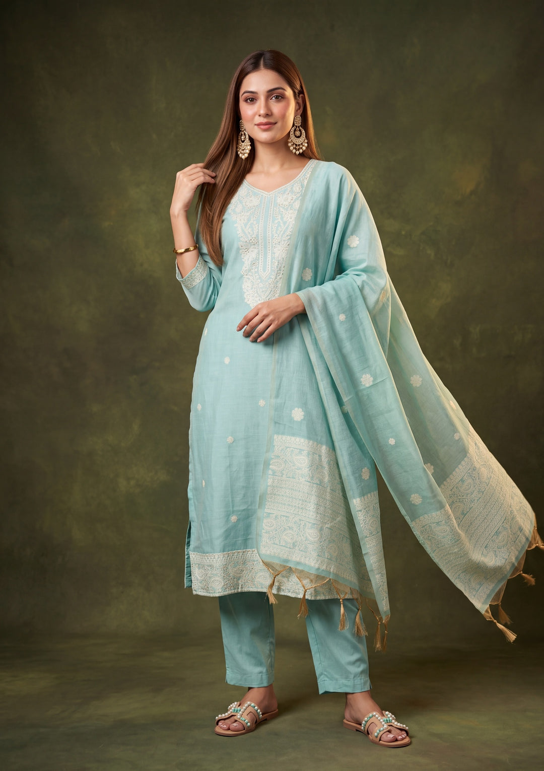 Sea Green Chanderi Threadwork Straight Kurta With Pant Regular And Dupatta