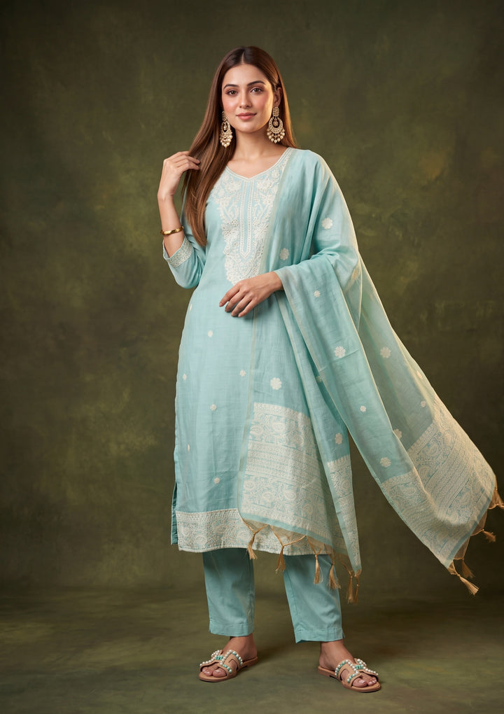 Sea Green Chanderi Threadwork Straight Kurta With Pant Regular And Dupatta