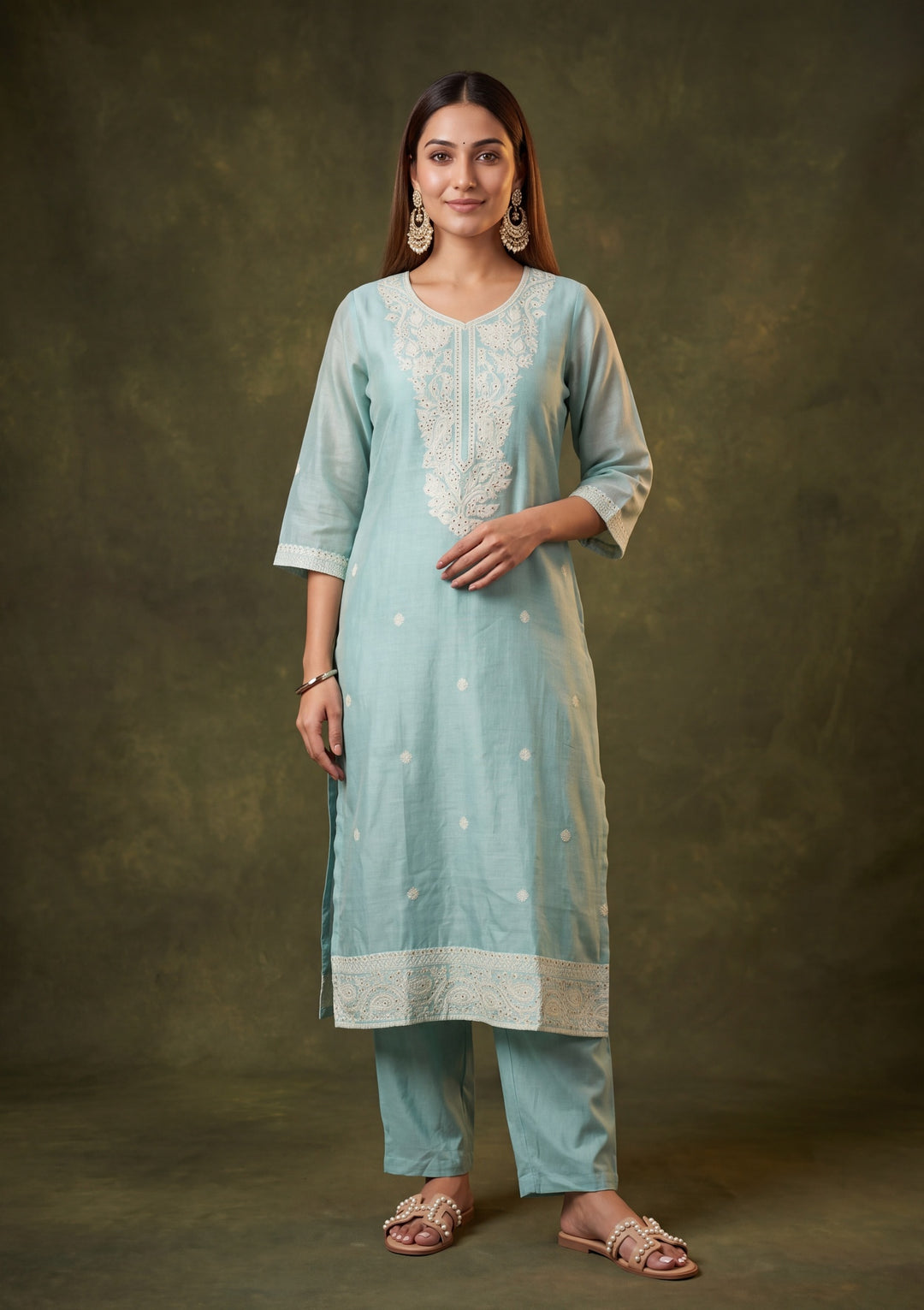 Sea Green Chanderi Threadwork Straight Kurta With Pant Regular And Dupatta