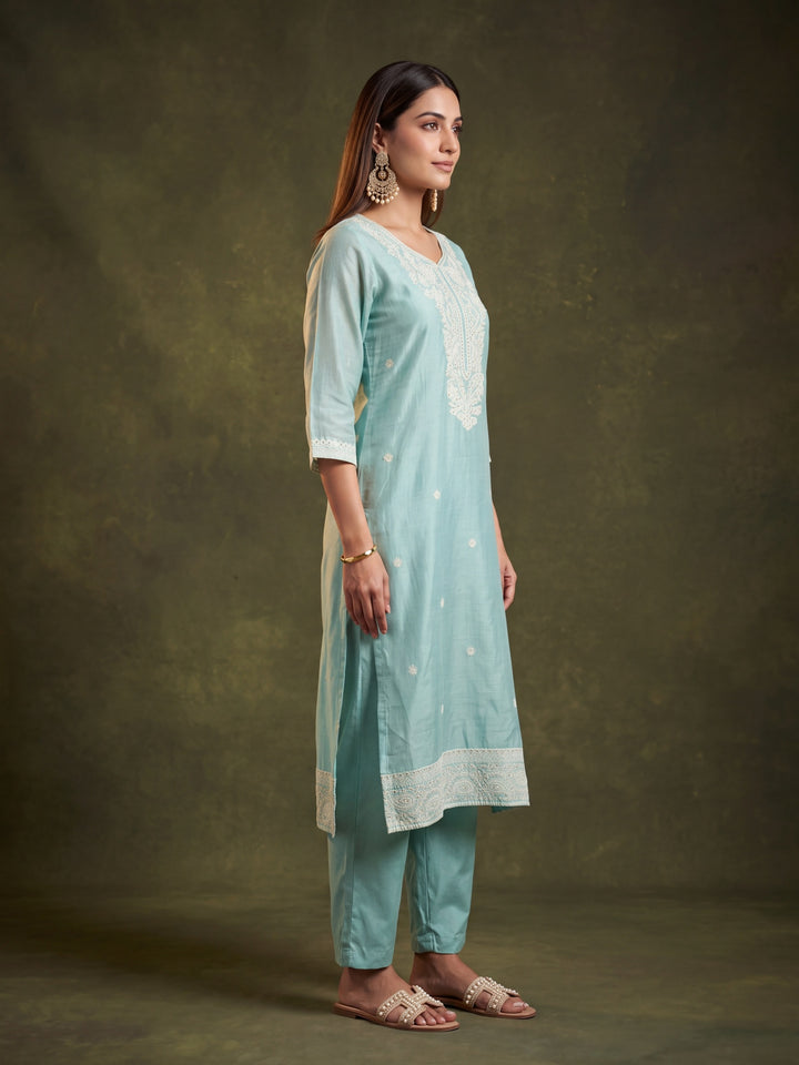 Sea Green Chanderi Threadwork Straight Kurta With Pant Regular And Dupatta