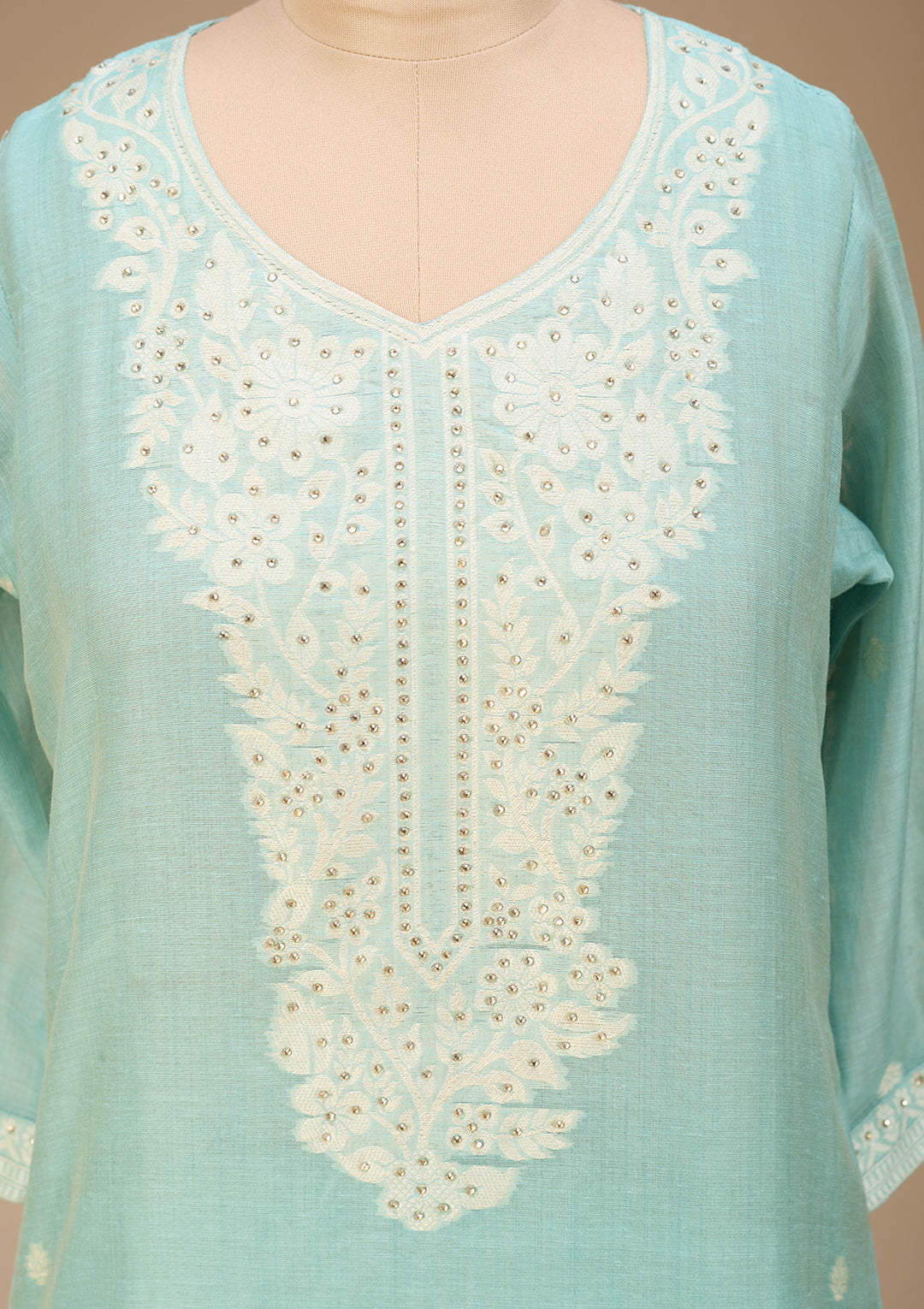 Sea Green Chanderi Threadwork Straight Kurta With Pant Regular And Dupatta