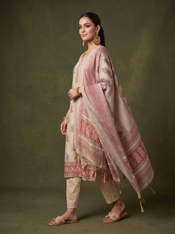 Beige Chanderi Silver Stonework Straight Kurta With Pant Regular And Dupatta