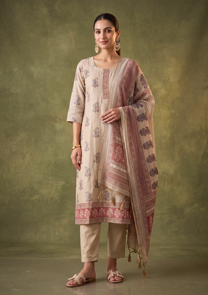 Beige Chanderi Silver Stonework Straight Kurta With Pant Regular And Dupatta