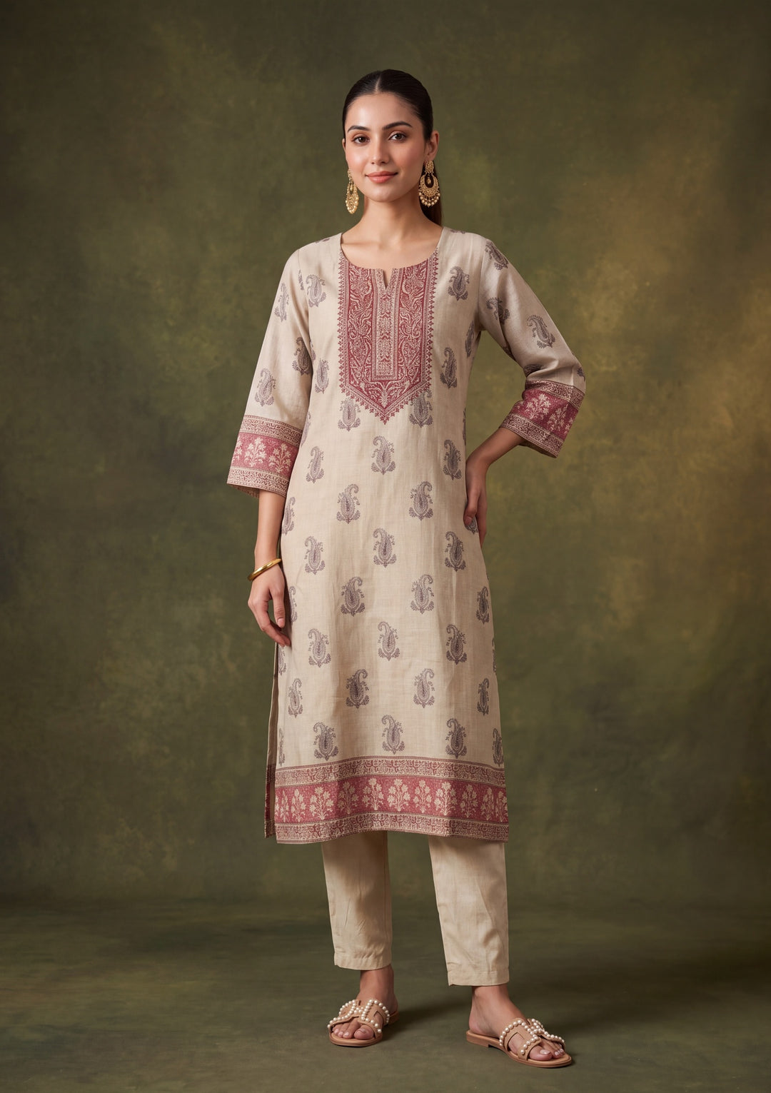 Beige Chanderi Silver Stonework Straight Kurta With Pant Regular And Dupatta