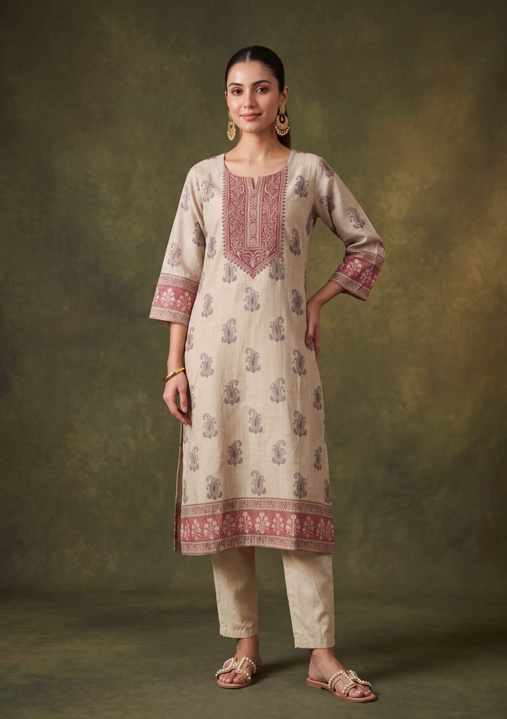 Beige Chanderi Silver Stonework Straight Kurta With Pant Regular And Dupatta
