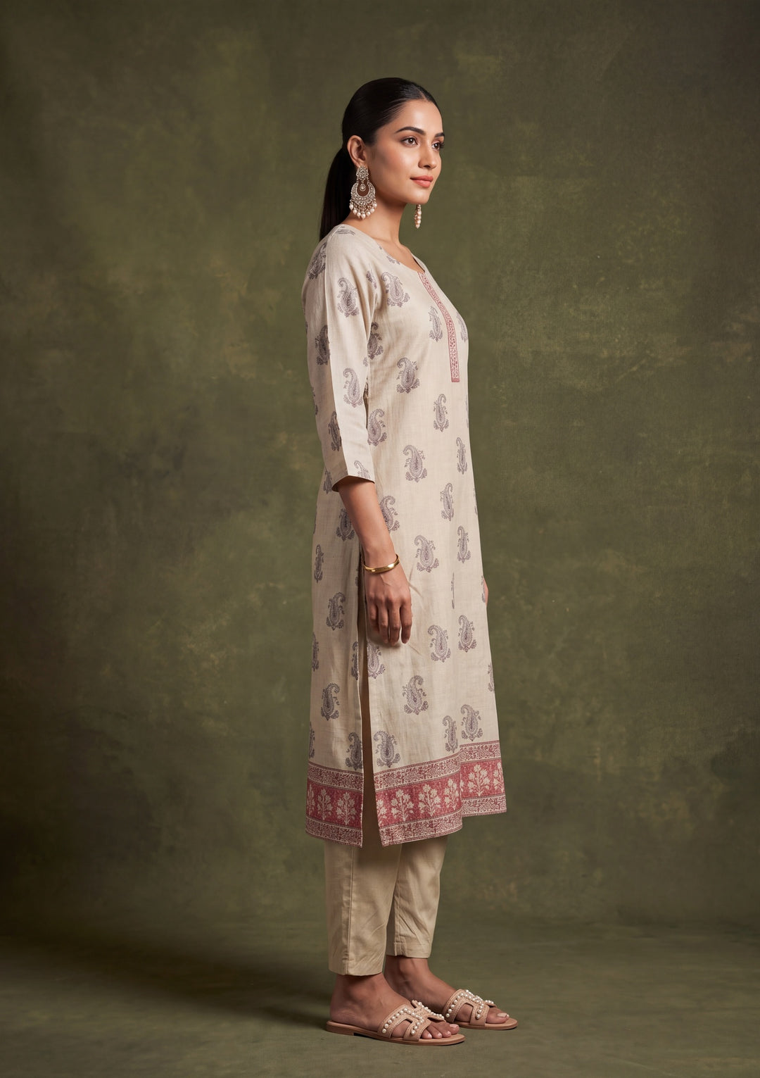 Beige Chanderi Silver Stonework Straight Kurta With Pant Regular And Dupatta