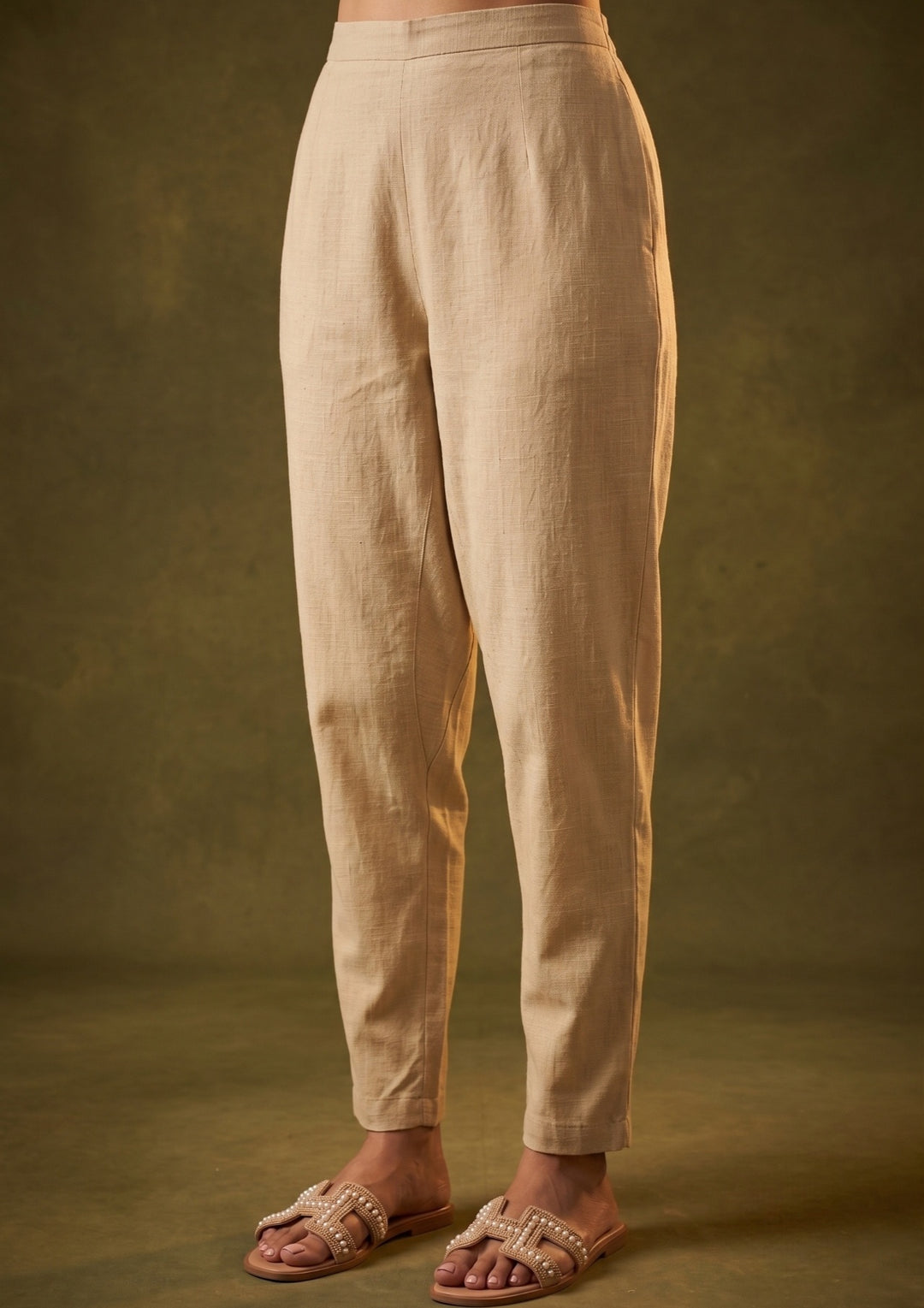 Beige Chanderi Silver Stonework Straight Kurta With Pant Regular And Dupatta