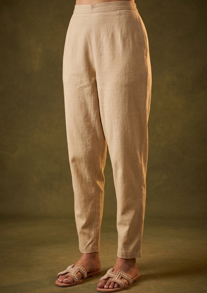 Beige Chanderi Silver Stonework Straight Kurta With Pant Regular And Dupatta