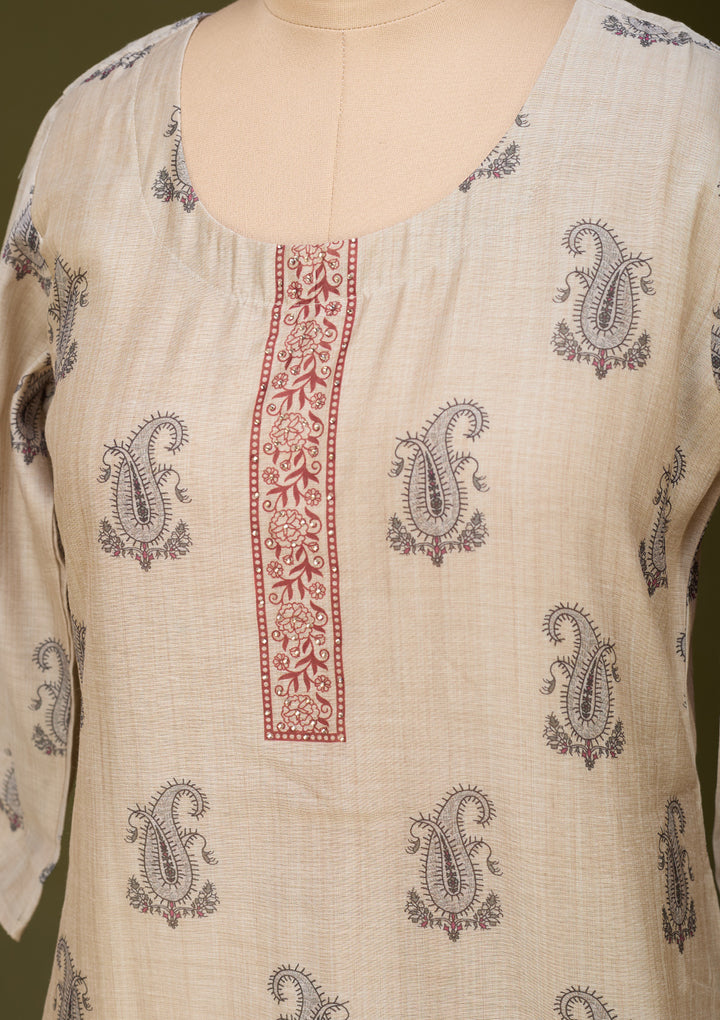 Beige Chanderi Silver Stonework Straight Kurta With Pant Regular And Dupatta