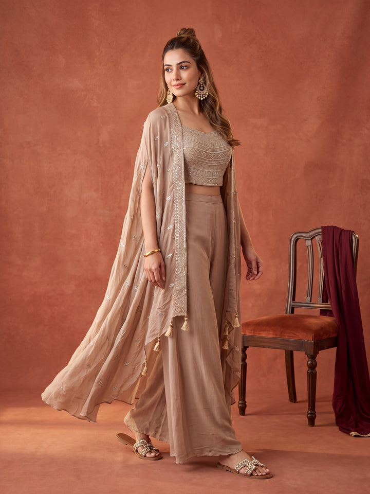 Beige Chinon Gold Zariwork Crop Top Kurta With Palazzo And Dupatta