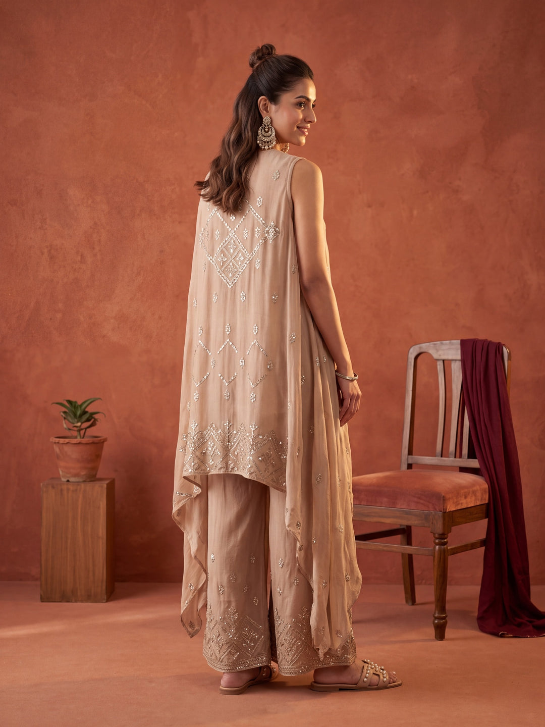 Beige Chinon Gold Zariwork Crop Top Kurta With Palazzo And Dupatta