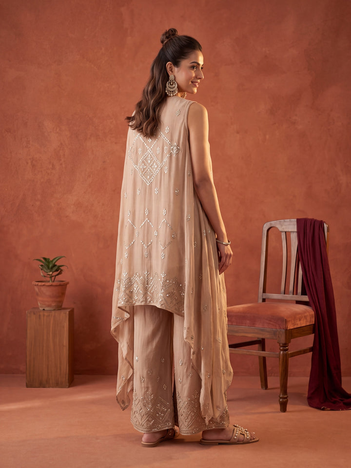 Beige Chinon Gold Zariwork Crop Top Kurta With Palazzo And Dupatta
