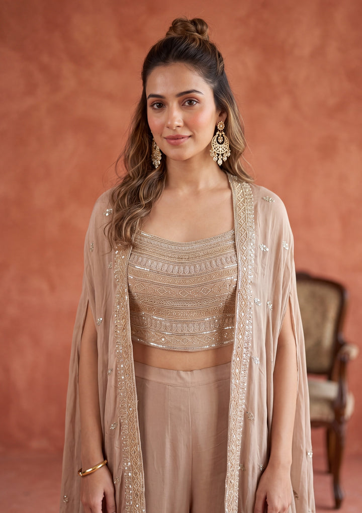 Beige Chinon Gold Zariwork Crop Top Kurta With Palazzo And Dupatta