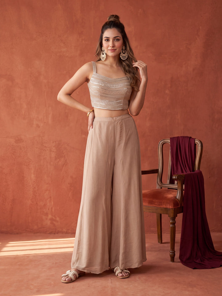 Beige Chinon Gold Zariwork Crop Top Kurta With Palazzo And Dupatta