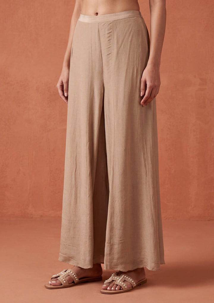 Beige Chinon Gold Zariwork Crop Top Kurta With Palazzo And Dupatta