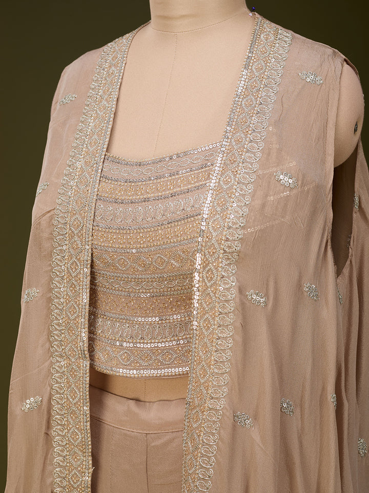 Beige Chinon Gold Zariwork Crop Top Kurta With Palazzo And Dupatta