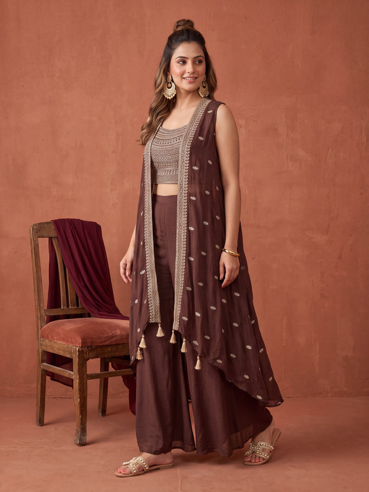 Brown Chinon Gold Zariwork Crop Top Kurta With Palazzo And Dupatta