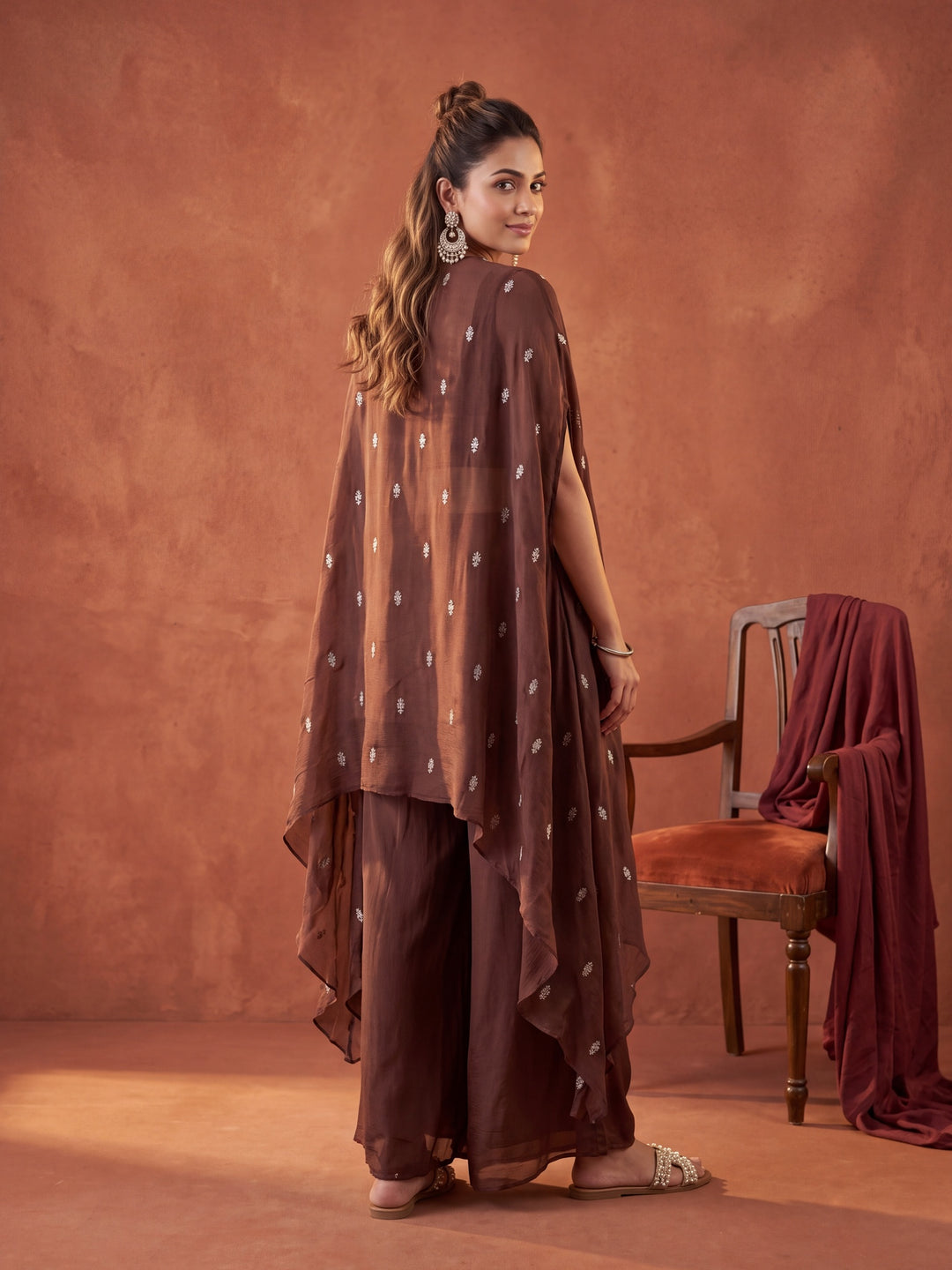 Brown Chinon Gold Zariwork Crop Top Kurta With Palazzo And Dupatta